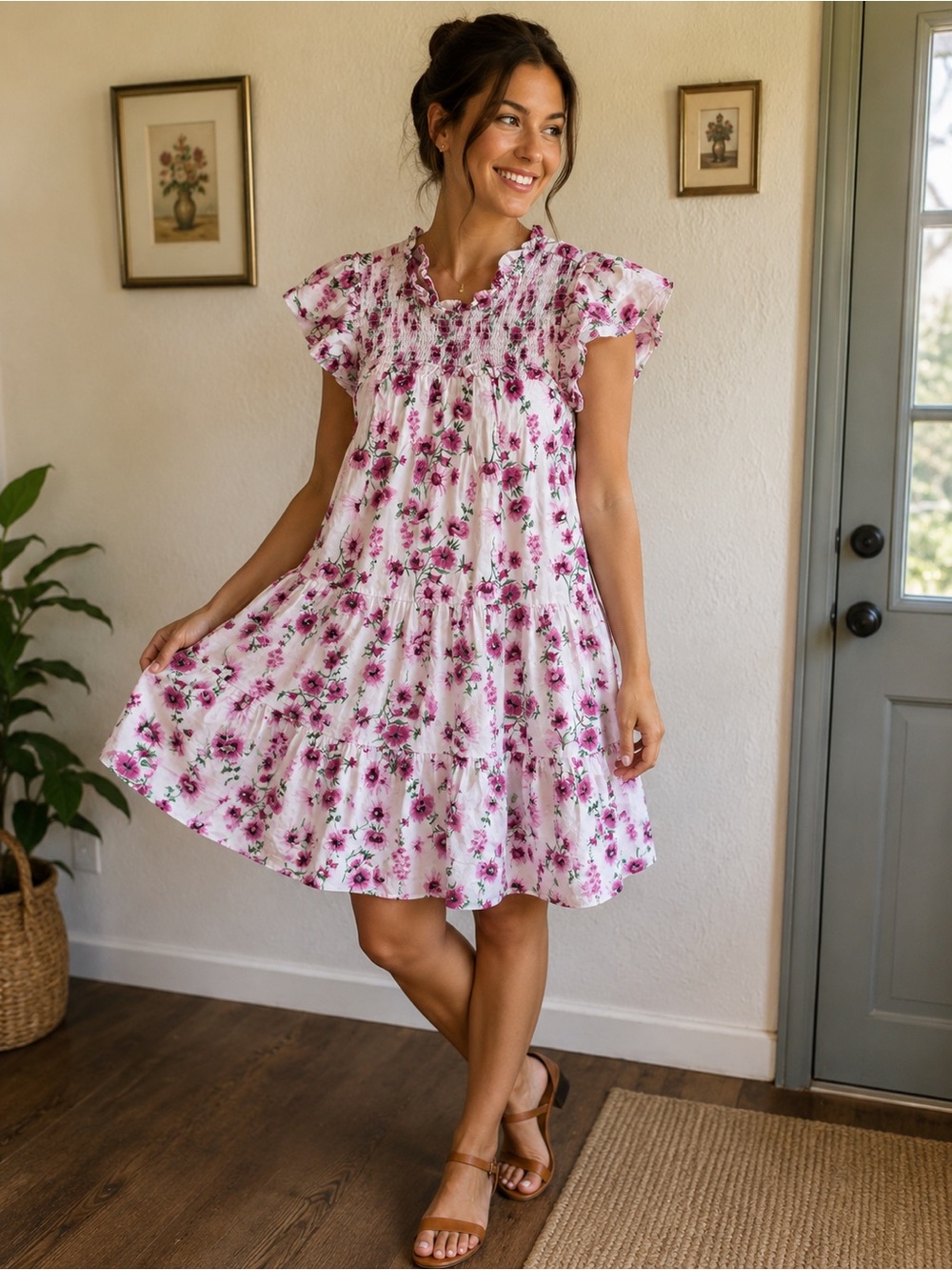crown & ivy White and Pink Floral Ruffle Mini Dress